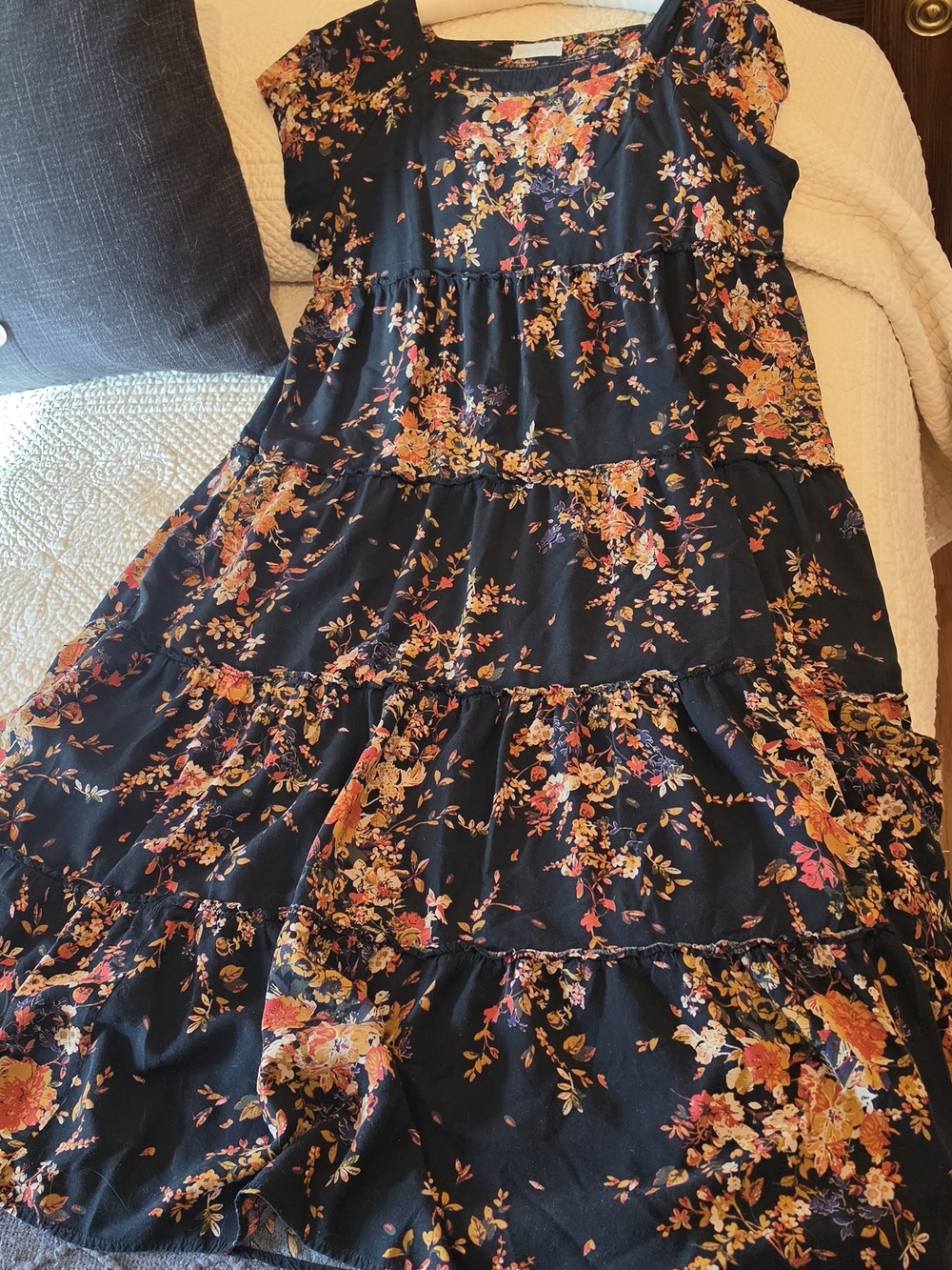 Floral Tiered Maxi Dress in Black with Orange Accents - Picture 2 of 2
